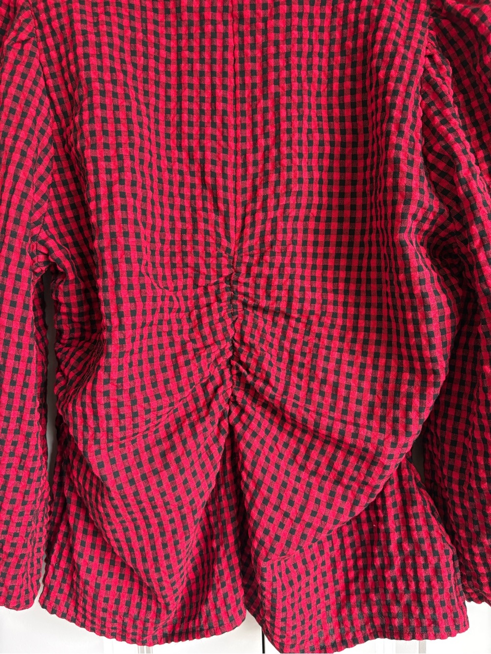 LOFT Gingham Gathered Square Neck Top Red Black Puff Sleeve Blouse Size 8 Picnic - Picture 9 of 14